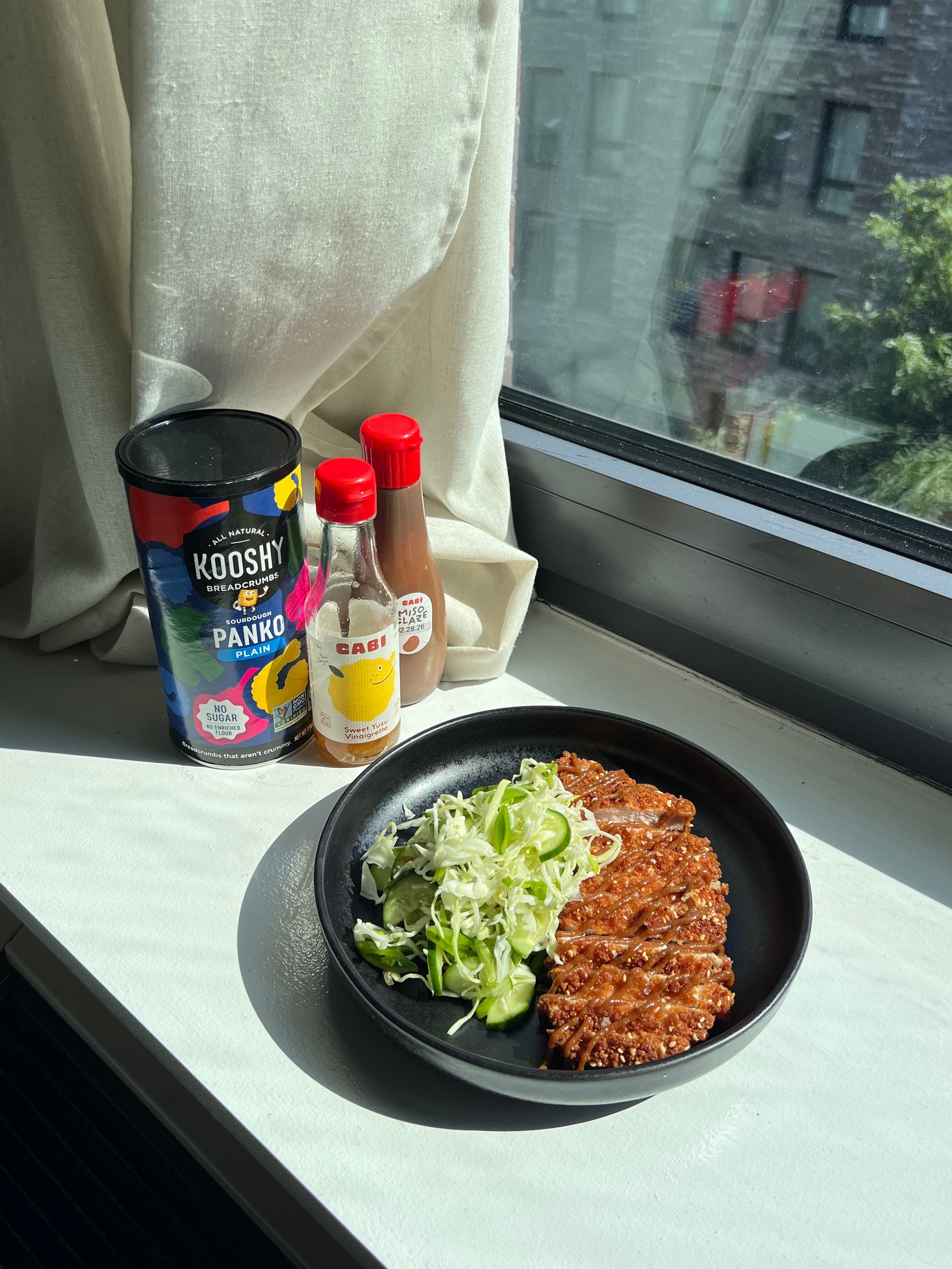 Sesame Tonkatsu with Sweet Yuzu Snap Pea + Cabbage Salad