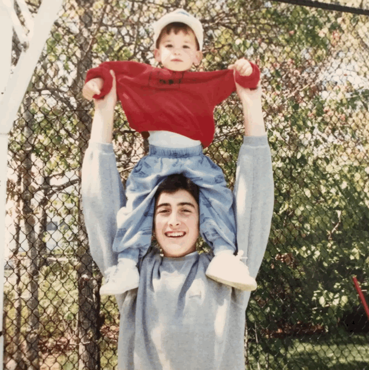 the two founding brothers of Kooshy both as children and adults with Matt, the younger brother, sitting on Jon's shoulders.