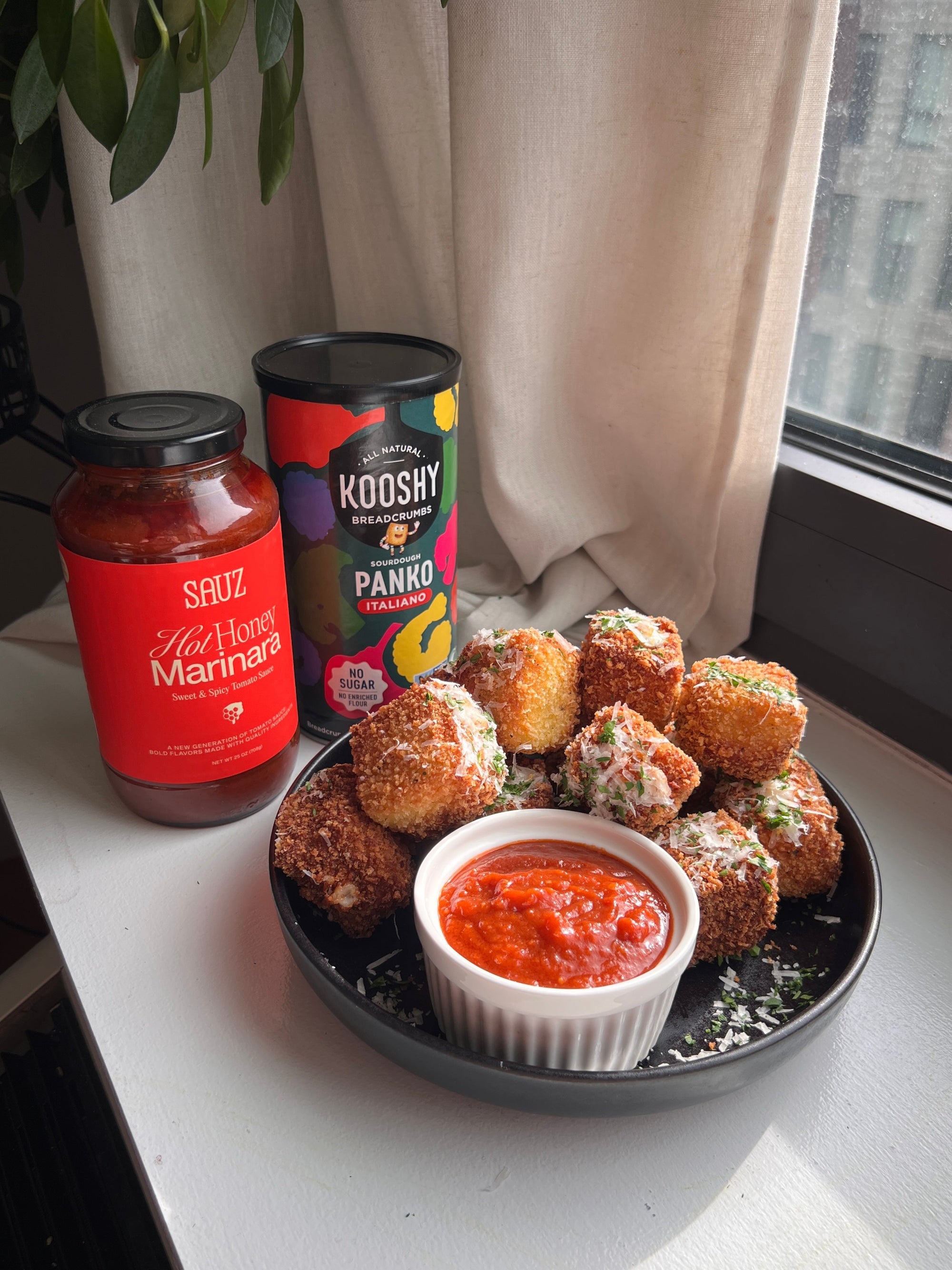 Bite Sized Mozzarella in Carrozza with Hot Honey Marinara