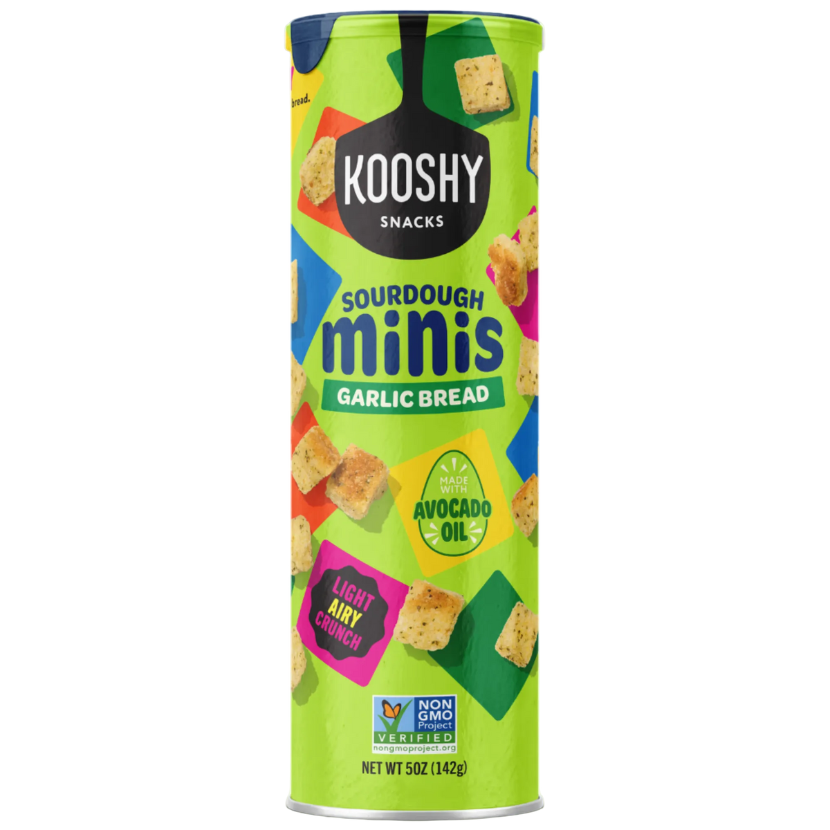 A 5 oz canister of Kooshy Snacks Sourdough Minis Garlic Bread on a plain white background. The cylindrical packaging features a bright lime green base with colorful graphic shapes and images of the bread pieces inside.