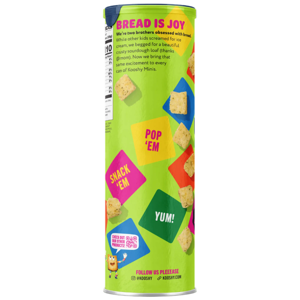 A tall cylindrical canister of Kooshy sourdough minis featuring a bright lime green background with colorful geometric shapes and text, topped with a dark blue lid.