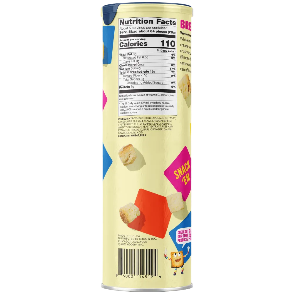 The back of a canister of Kooshy Sourdough Minis showing the nutrition facts panel, ingredients, and product illustrations on a transparent background.