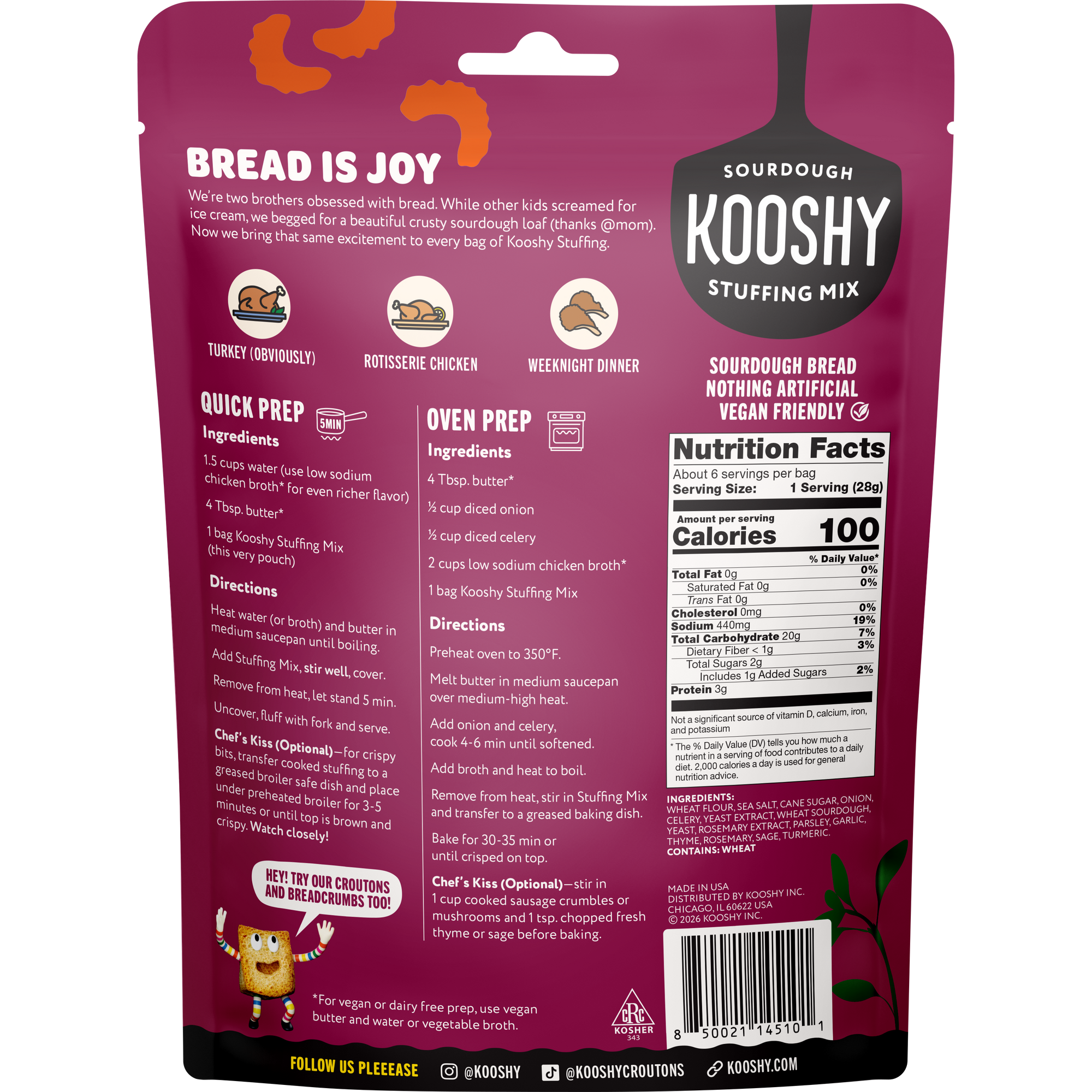 Back of a bag of Kooshy Sourdough Stuffing Mix on a white background, showing recipe instructions, ingredients, nutrition facts, and branding.