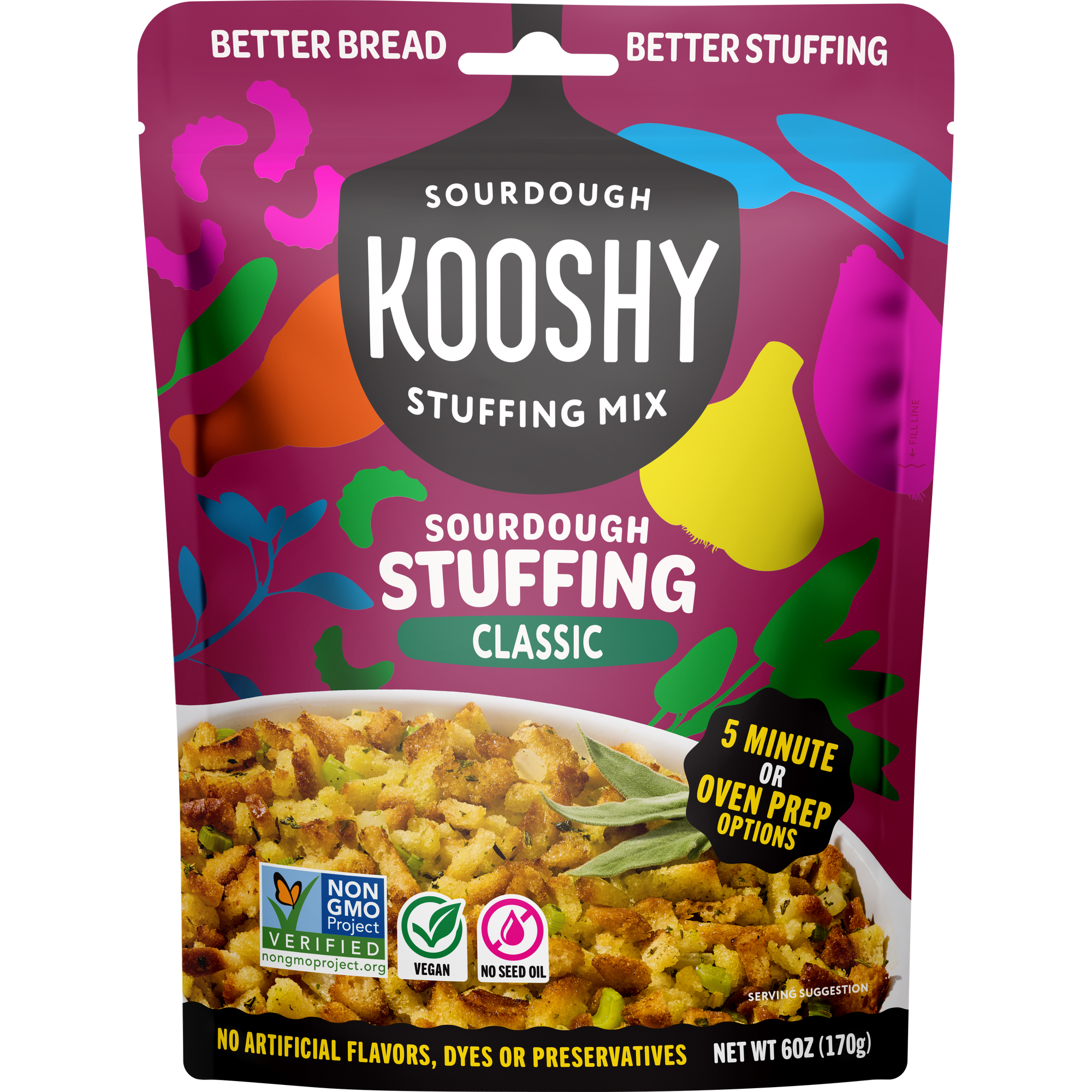 A 6 oz bag of Kooshy Sourdough Stuffing Mix, Classic flavor, featuring a colorful magenta and green design with a photo of the prepared stuffing in a bowl at the bottom.