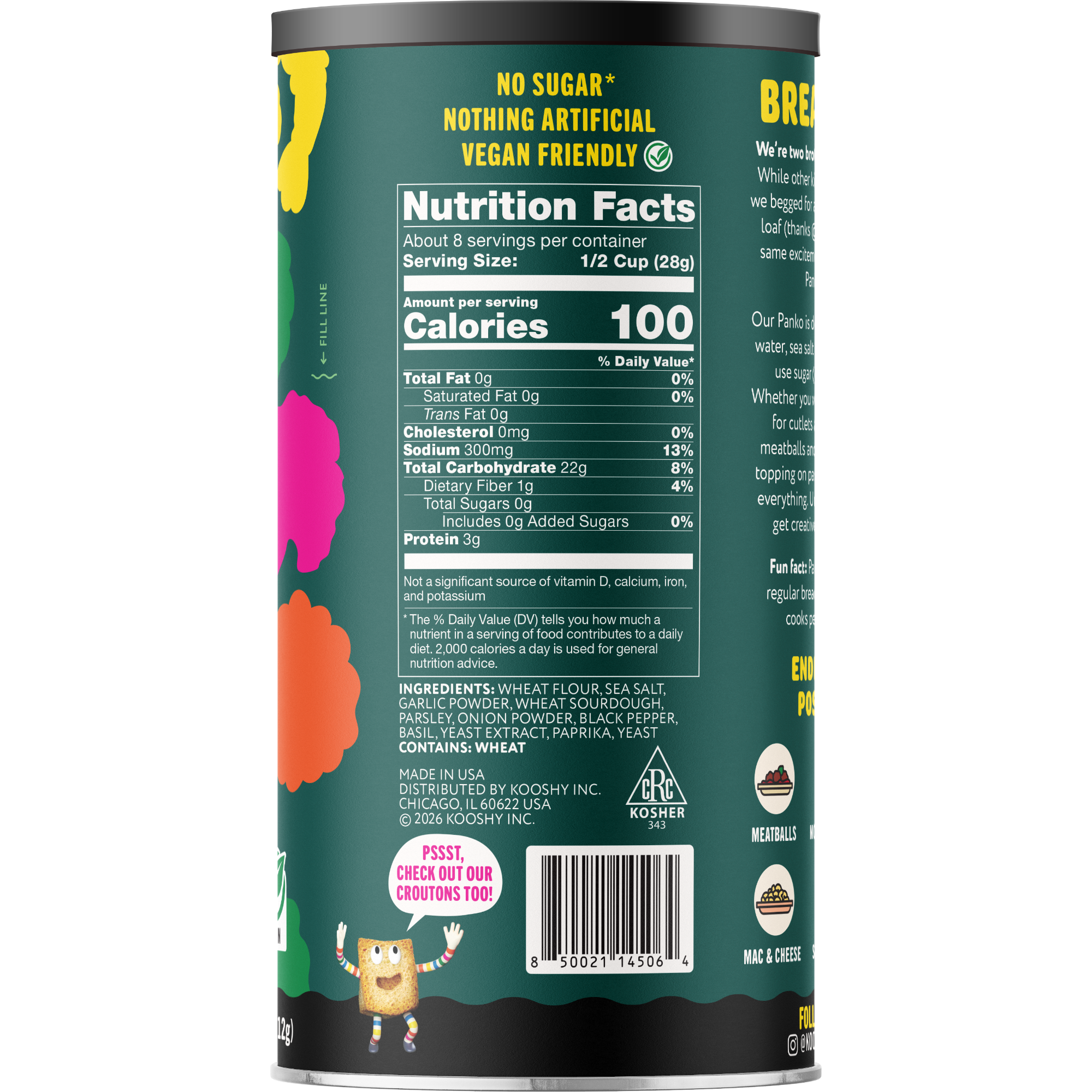 Nutrition facts label on a product can with colorful design elements. Kosher and Vegan Friendly.