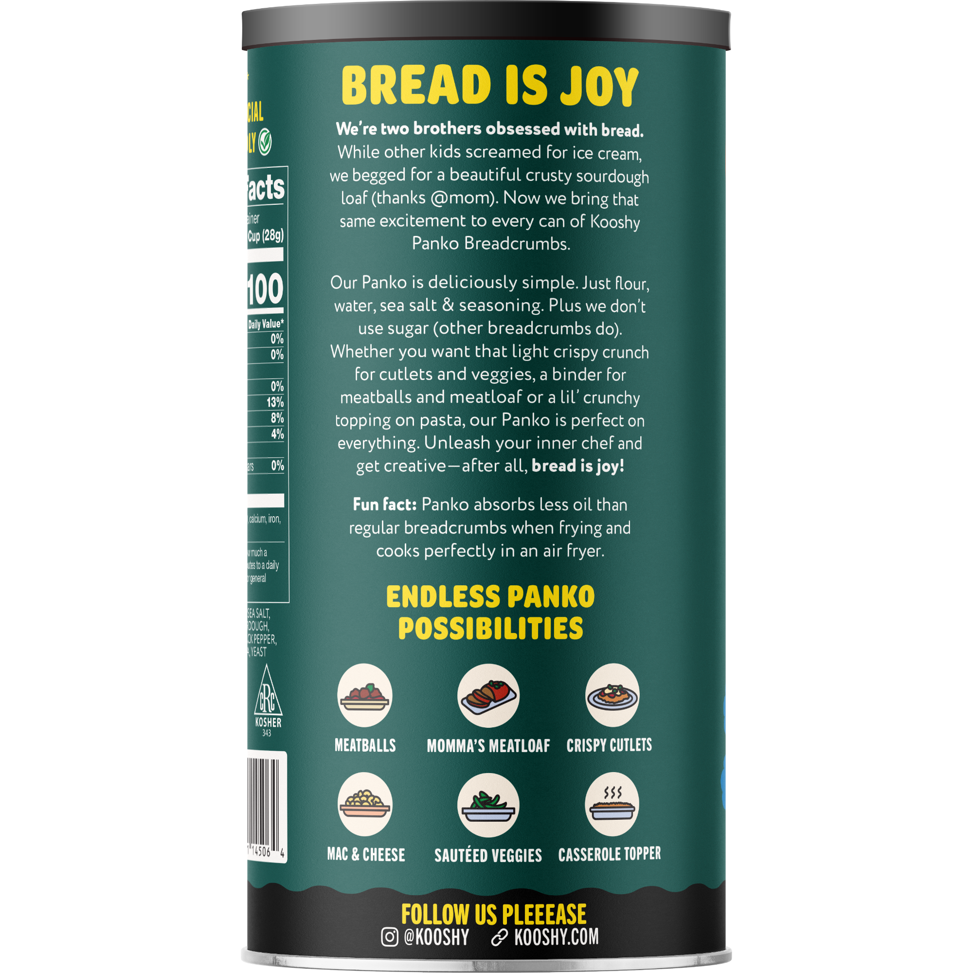 Can of Kooshy Panko breadcrumbs with text and branding on a white background