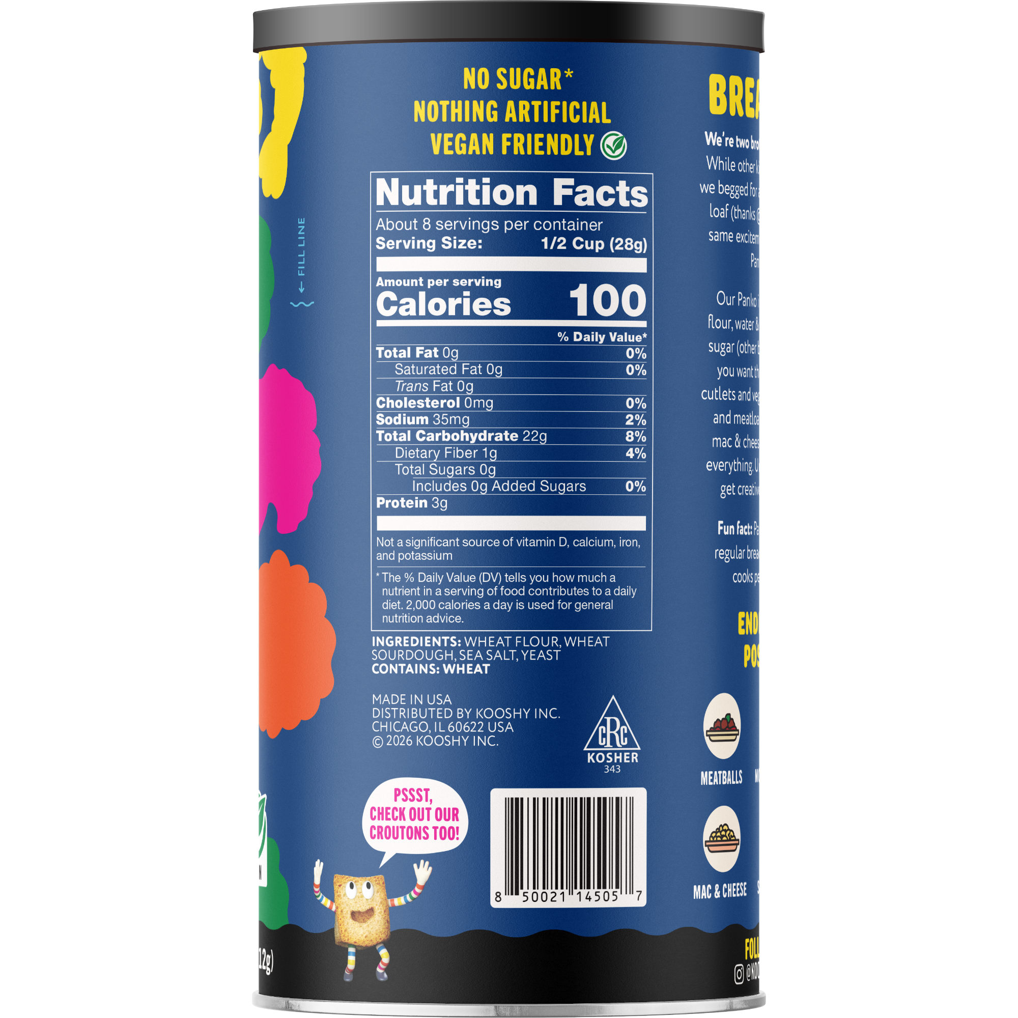 Nutrition facts label on a product container with colorful design elements. Kosher and Vegan friendly.