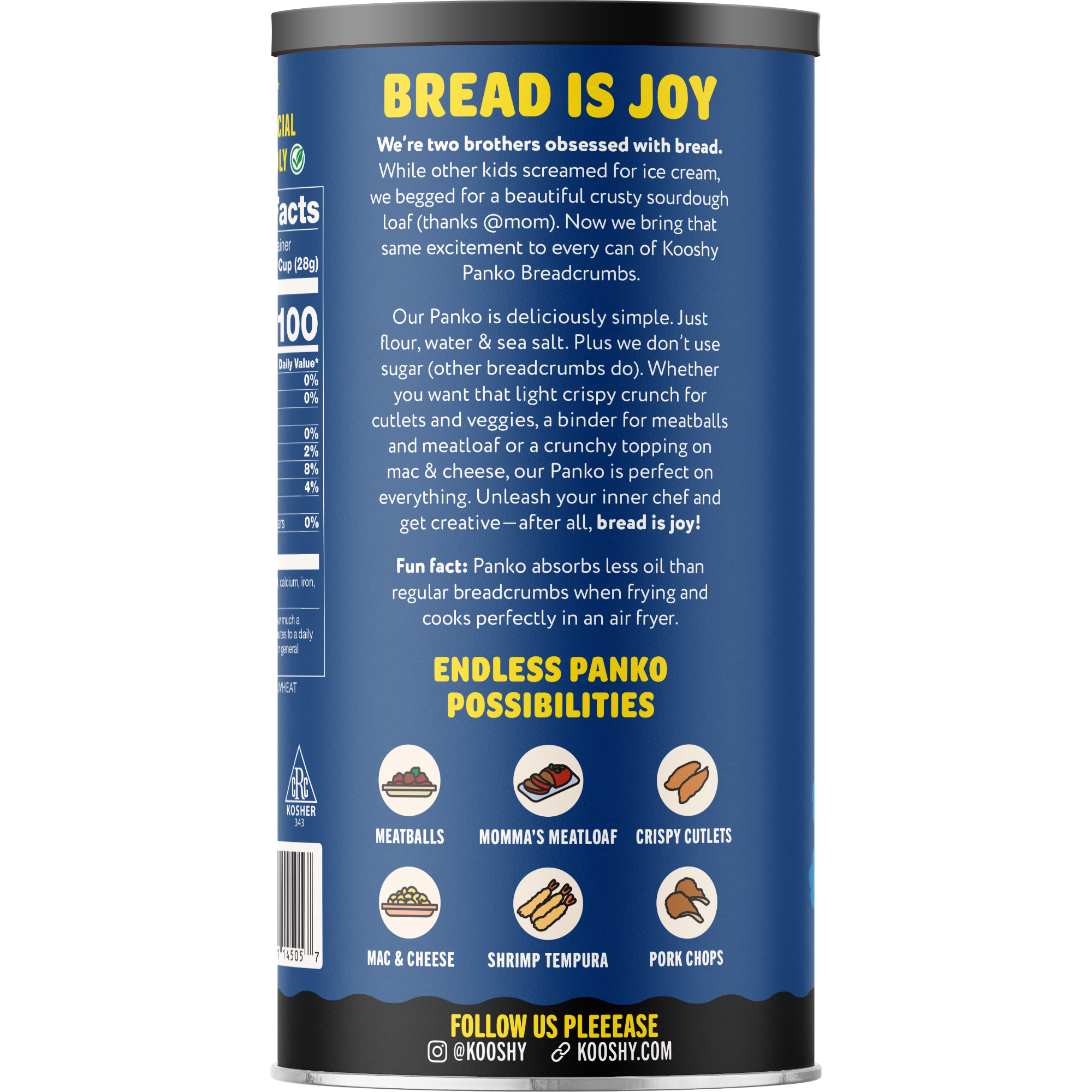 Kooshy Panko Breadcrumbs can with text and icons on a white background